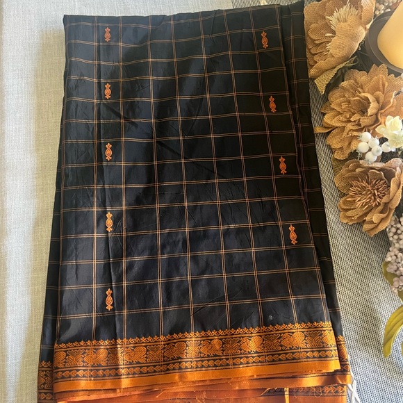 Other - Black and Orange Checkered Fabric semi silk saree with blouse